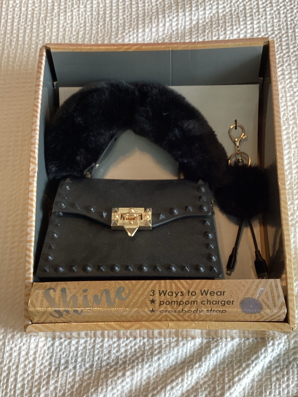 Black Studded Faux Leather Crossbody Bag with‎ Fur Strap